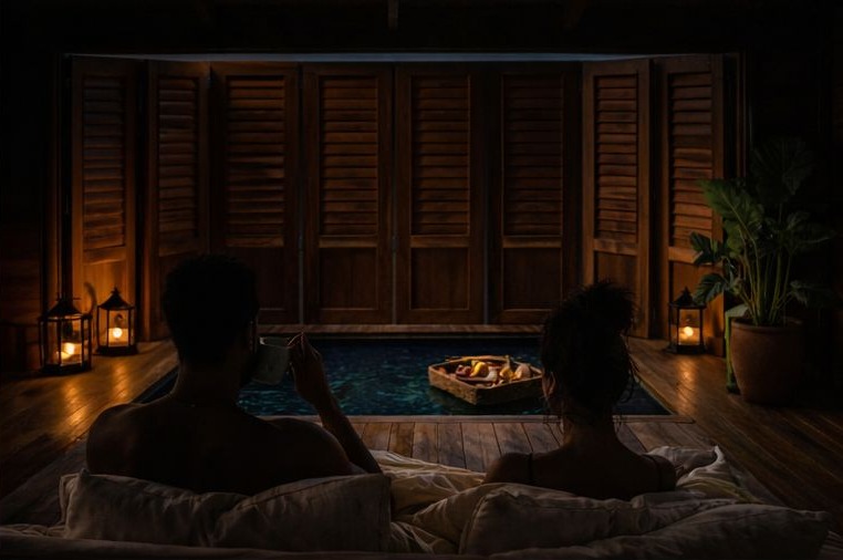 Bain balnéo privatif chauffé, à deux, la nuit